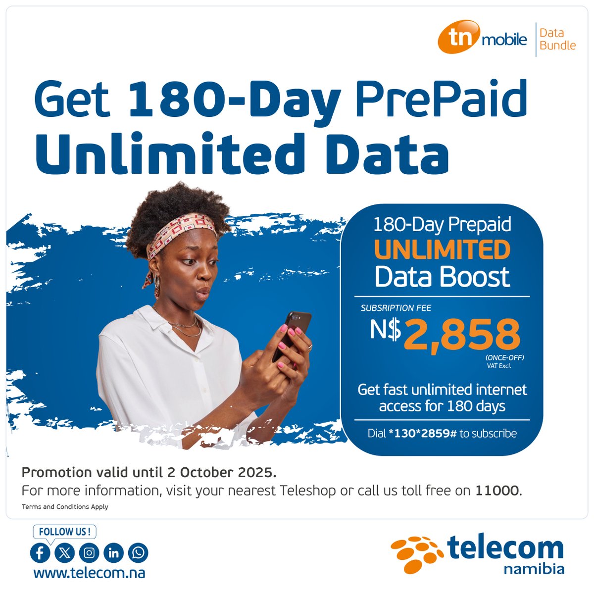 Enjoy endless connectivity with Telecom Namibia’s 180-Day Unlimited Data. Ideal for long-term use, heavy streaming, and staying online without limits.