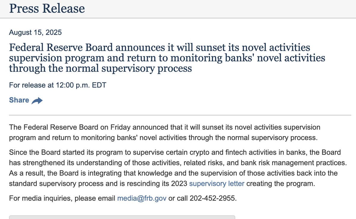 FED CHẤM DỨT CHƯƠNG TRÌNH GIÁM SÁT ĐẶC BIỆT VỀ CRYPTO VÀ FINTECH, CHUYỂN SANG QUY TRÌNH GIÁM SÁT NGÂN HÀNG THÔNG THƯỜNG

🔹 FED chấm dứt chương trình giám sát đặc biệt “hoạt động mới” được triển khai từ năm 2023 để theo dõi hoạt động crypto và fintech của các
