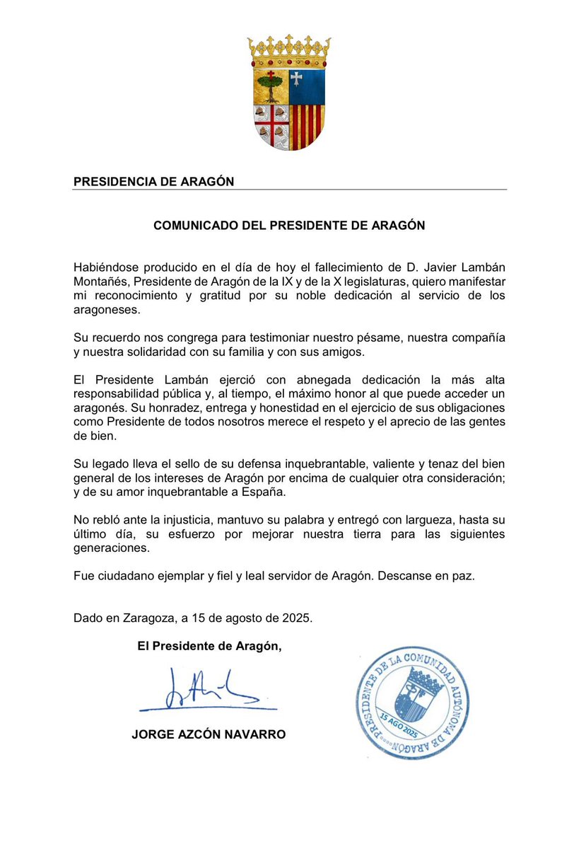 ⚫️El Gobierno de Aragón transmite su más sentido pésame a la familia, amigos y compañeros del expresidente Javier Lambán, así como a todas las personas que tuvieron la oportunidad de trabajar con él y compartir su vocación de servicio.

En señal de duelo, se decretarán 3 días de