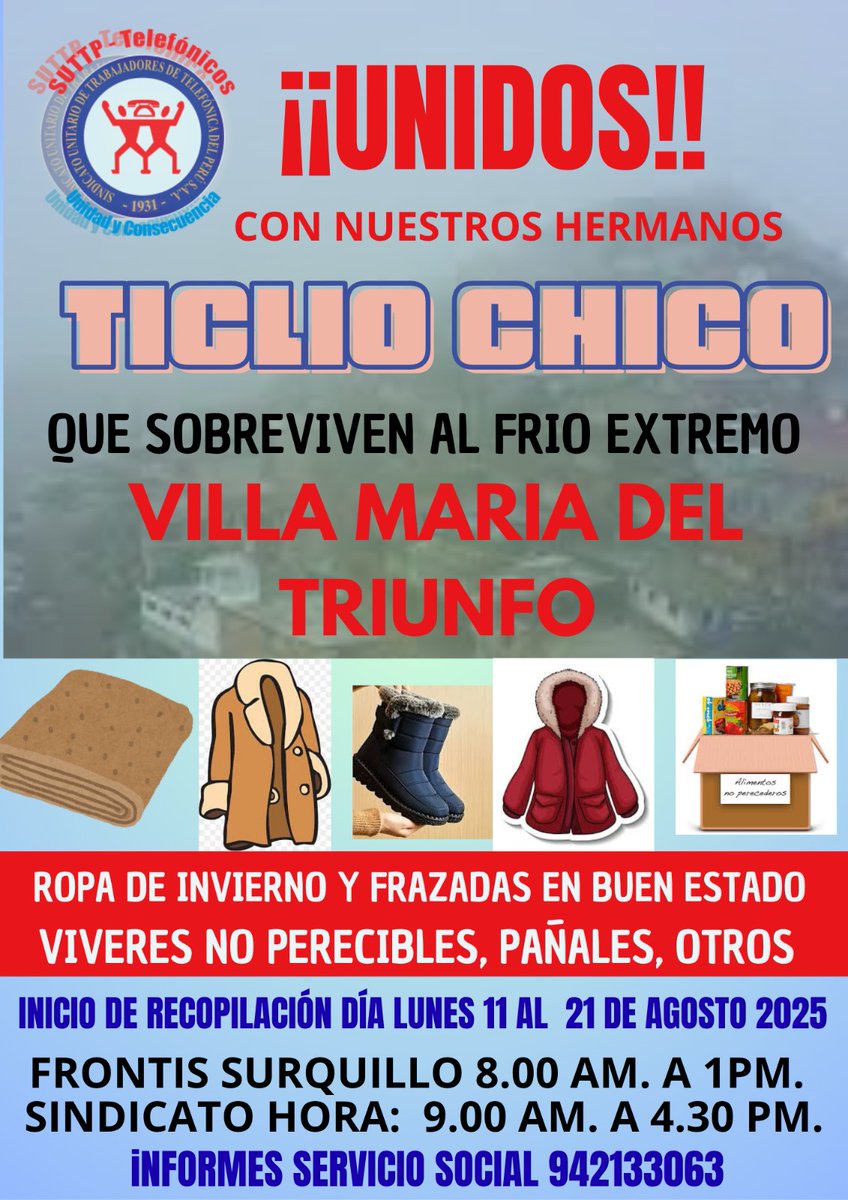 Los esperamos compañeros...toda donación suma para nuestros hermanos de Ticlio Chico...Solidaridad Telefónica