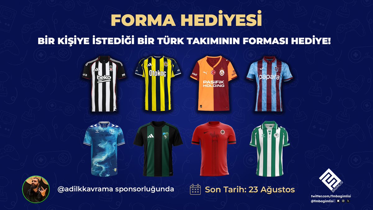 fmbagimlisi's tweet photo. 👕 FORMA HEDİYESİ

🇹🇷 Adil Hocamız her hafta bir kişiye istediği bir Türk takımının formasını hediye edecek! 🔥

Hediyeyi kazanmak için;
✅ @adilkkavrama'yı takip et
✅ @fmbagimlisi'ni takip et
🔁 Retweetle
📌 Yer işaretlerine kaydet

📅 23 Ağustos'ta canlı yayında açıklanacak