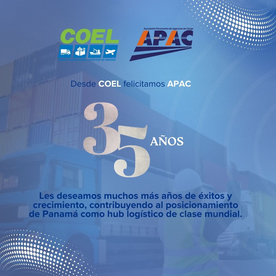 ¡Felicidades APAC por sus 35 años de trayectoria! 
Desde el Consejo Empresarial Logístico, celebramos junto a la Asociación Panameña de Agencias de Carga (APAC) más de tres décadas de compromiso, profesionalismo y aporte al desarrollo del sector logístico de Panamá.
