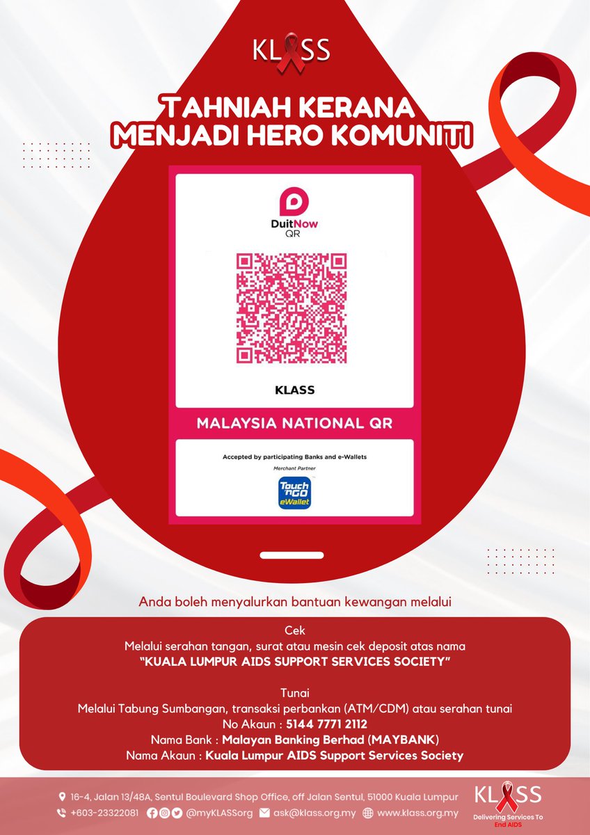 klass_my's tweet photo. Setiap ringgit anda hulurkan dapat membantu lebih ramai rakan komuniti mengetahui status mereka

Bersama kita berganding bahu demi mengakhiri AIDS 2030 💪🏻

No Akaun : 5144 7771 2112
Bank : Malayan Banking Berhad (MAYBANK)
Nama Akaun : Kuala Lumpur AIDS Support Services Society https://t.co/CP34B1wByt