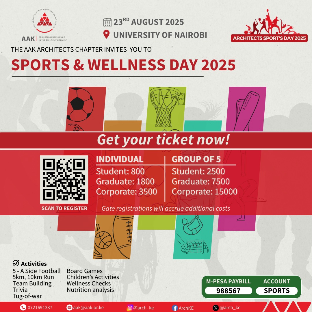 Ready, set, go! Join us for AAK Sports &amp; Wellness Day 2025 

📅 23 Aug 
🏟️ UoN Sports Ground
⚽ Games, 🧠 trivia, 🩺 wellness, 👨‍👩‍👧‍👦 kids’ fun &amp; more!

🎟️ Scan QR to register
📲 Paybill 988567 | A/C: SPORTS

🏆 Don’t just watch, be part of it!
#AAKWellness2025 #ArchitectsInMotion