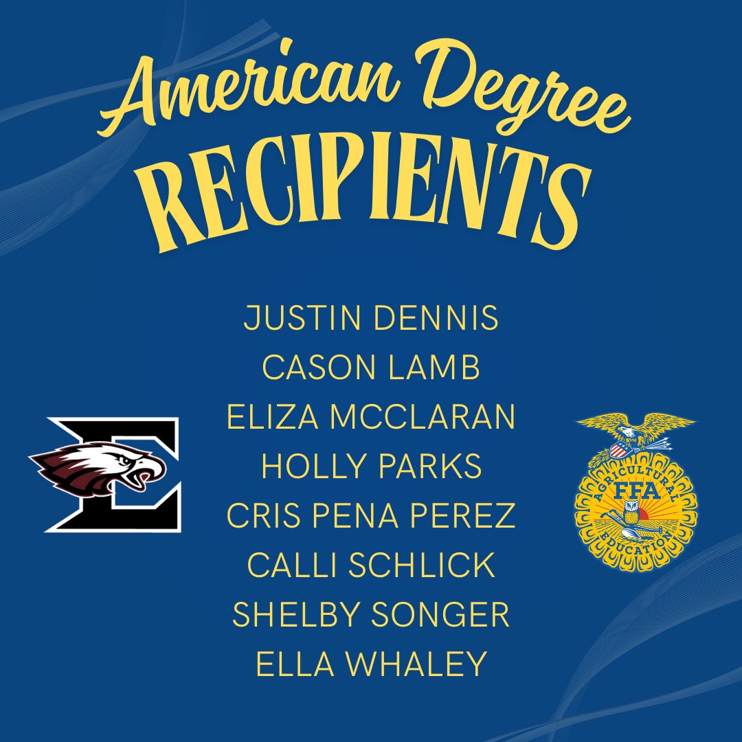 Eagleville FFA (@eaglevilleffa) on Twitter photo Congratulations to our 2025 American Degree Recipients! π¦
ππ Your dedication, leadership, and hard work have earned you the highest honor an FFA member can achieve! <a href="/RuCoCTE/">RuCo CTE</a> <a href="/TMobile/">T-Mobile</a> <a href="/eaglevilleath/">Eagleville Eagles</a> <a href="/EaglevilleFB/">Eagleville Football</a> #FN5GL #Sweepstakes $5K Fridays Congratulations to our 2025 American Degree Recipients! π¦
ππ Your dedication, leadership, and hard work have earned you the highest honor an FFA member can achieve! <a href="/RuCoCTE/">RuCo CTE</a> <a href="/TMobile/">T-Mobile</a> <a href="/eaglevilleath/">Eagleville Eagles</a> <a href="/EaglevilleFB/">Eagleville Football</a> #FN5GL #Sweepstakes $5K Fridays