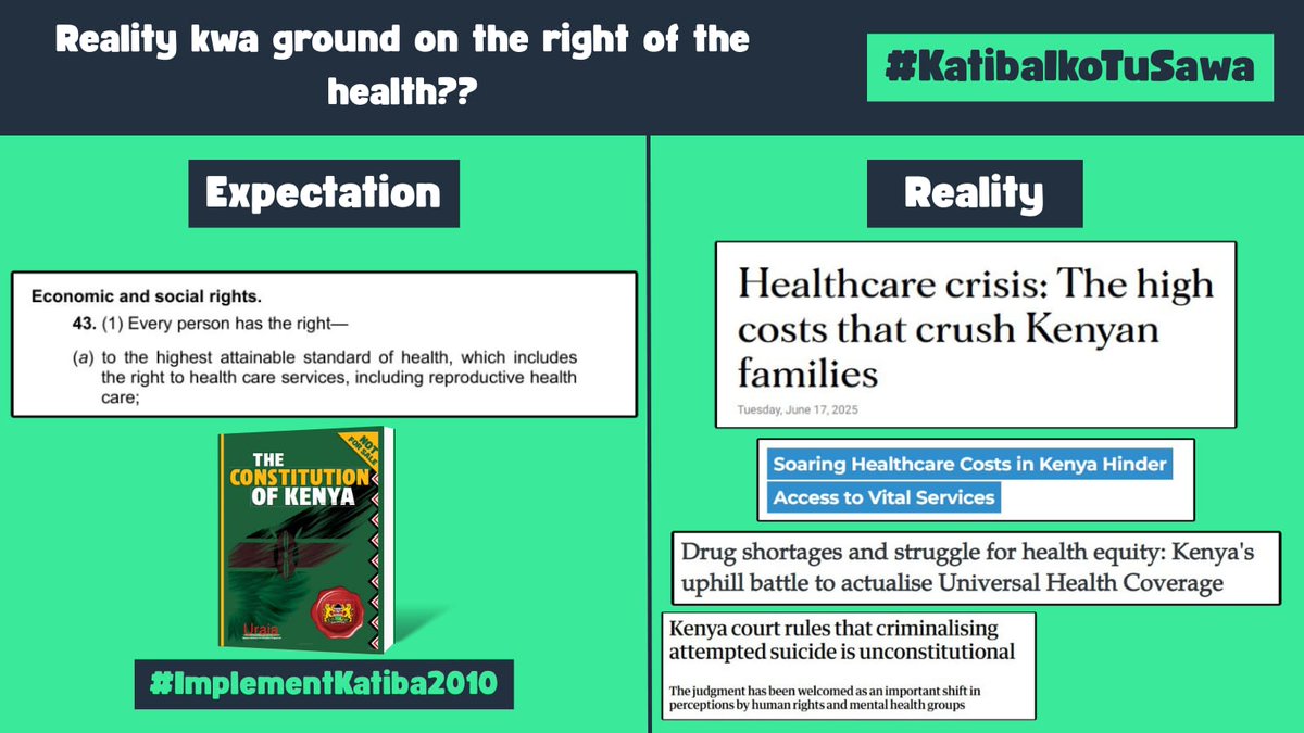 Healthcare must be available, affordable &amp; acceptable to every person; stockouts, unaffordable fees and funding gaps violate the Constitution. Prioritize sustainable public funding for essential medicines, primary care &amp; emergency services. #KatibaIkoTuSawa  #ImplementKatiba2010