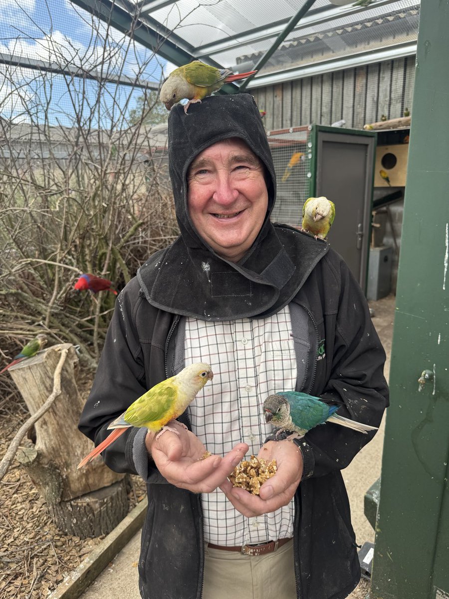 Peter visited a parrot sanctuary yesterday.  The parrots like to land on your head so you need a hood.
He is such a fashion icon, new trend I think!
Happy weekend.