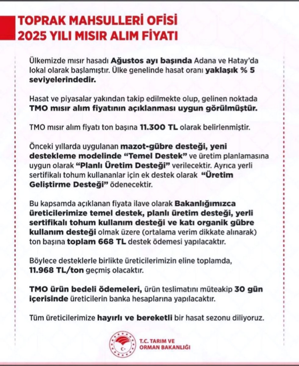 TOPRAK MAHSULLERİ OFİSİ 2025 MISIR ALIM FİYATLARINI AÇIKLADI