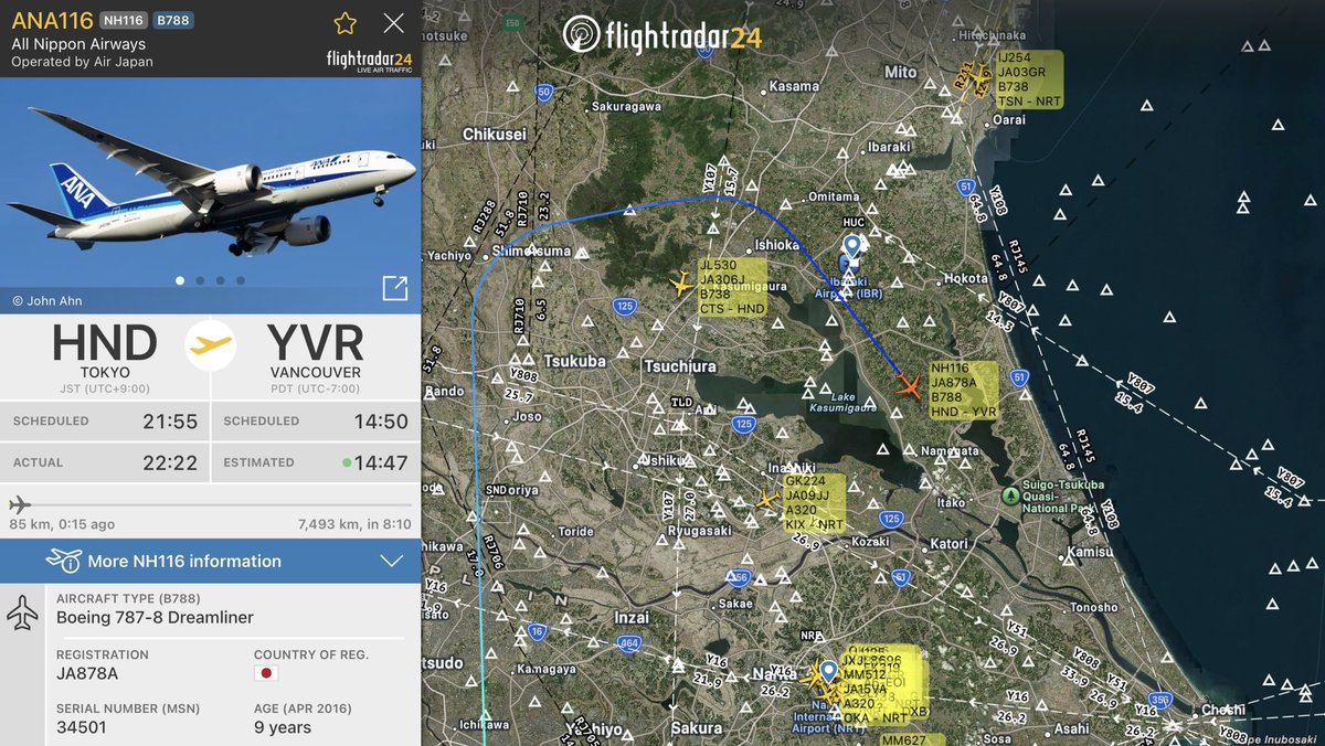 yoshu787's tweet photo. ANAのバンクーバー線、昨日に引き続き240席仕様788が投入されている。789の導入が始まったばかりの頃には所定機材として投入されていたこともあった記憶だが、今となってはビジネスクレードル / シートピッチ31インチのエコノミーで太平洋横断は心理的に辛いものがある。

#NH116
#JA878A https://t.co/m3keD1ihQF