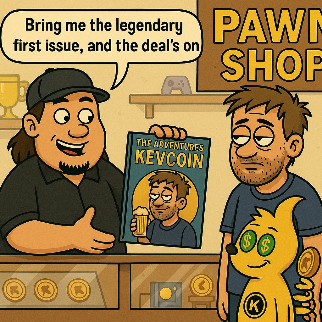 KevCoin_'s tweet photo. EP20: Chumlee’s challenge: bring him the legendary first issue of The Adventures of KevCoin 📚🍺 Goldtail’s in, Kev’s… just proud to be on the cover 🪙 #KEVCoin #Goldtail #CryptoMeme #PawnStars #CryptoAdventure https://t.co/fepQ4KxxKX