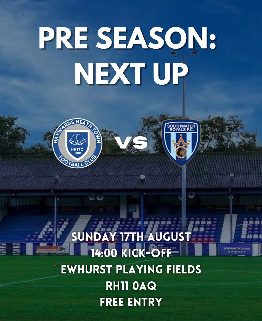 This Sunday we host Southwater Royals. 

• Sunday 17th August 
• 14:00 KO 
• @ Ewhurst (Crawley RH11 0AQ)
• Free Entry 

Get down to support the Heath ⚪️🔵

#HHTWFC