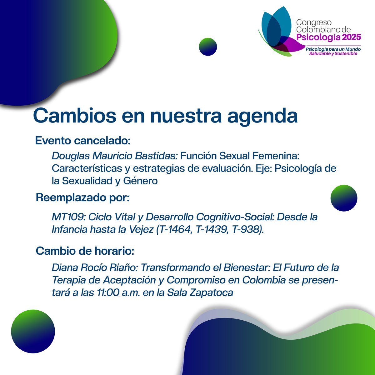 Congresopsicol's tweet photo. 📢 Cambios en nuestra programación
📄 Consulta la programación completa aquí 👉 https://t.co/FCnkQmVzwA https://t.co/yH0NkWaGo7
