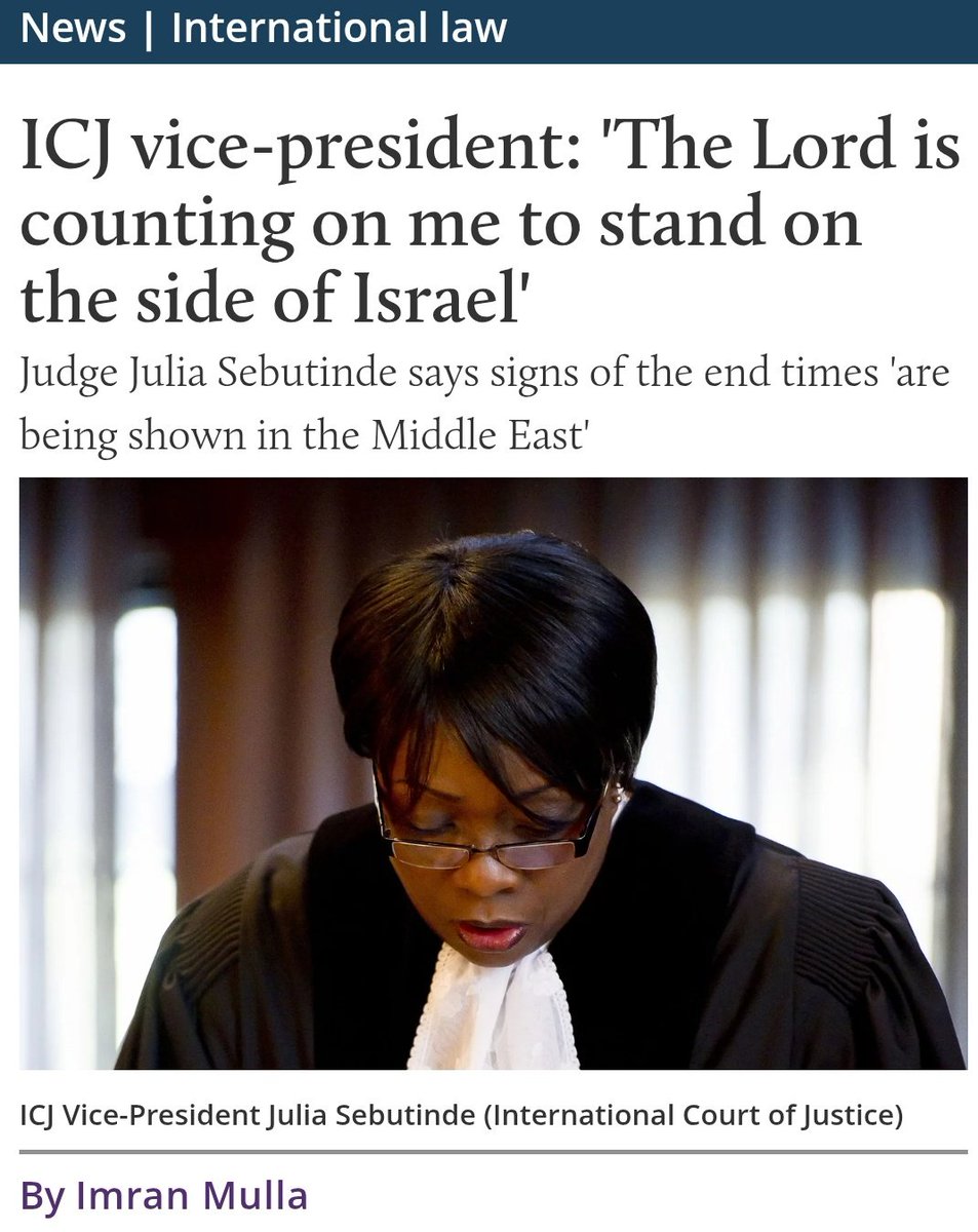 THREAD: Julia Sebutinde, the vice-president of the International Court of Justice, believes God "is counting on me to stand on the side of Israel" and the signs of the "end times" are "being shown in the Middle East".

What’s going on here?