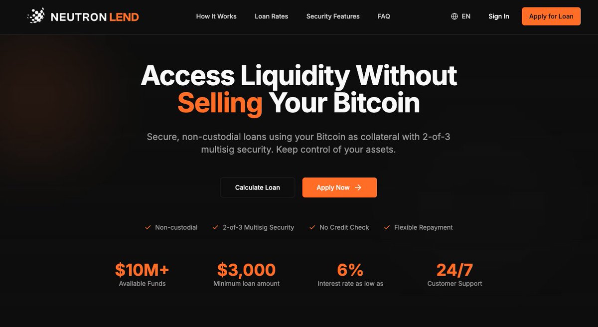 Why wait for someone to match your loan request? That can take days or even weeks.

<a href="/neutronlend/">Neutron Lend</a> is different. You’re not dependent on a marketplace match. Get direct access to liquidity in minutes after signing your contract.

Your Bitcoin stays in secure 2-of-3 multi-sig