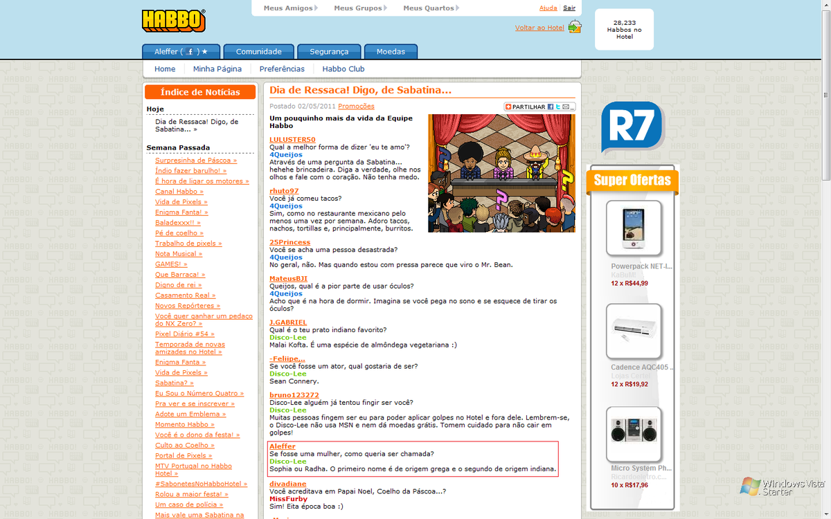 AlefferHabbo's tweet photo. Minhas memórias no Habbo Hotel começaram em 2008: tive uma agência de modelos, trabalhei em fã-sites (onde fiz programas de rádio e amigos que carrego até hoje) e adorava a Sabatina dos gerentes. Tive duas perguntas respondidas pelos lendários 4Queijos e Disco-Lee. #Habbo25 https://t.co/3cYQ3lDUrY