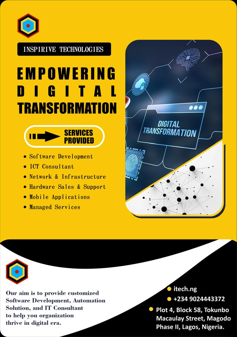 itech_nigeria's tweet photo. 🚀 Empower your business with Inspiring Digital Transformation!
From software development to ICT consulting, we’ve got you covered. 💻✨
📍 Lagos, Nigeria | 🌐 https://t.co/hghskrCHKP | 📞 +234 902 444 3372

#DigitalTransformation #TechSolutions #ICT #SoftwareDevelopment https://t.co/Wazcg7P2JZ
