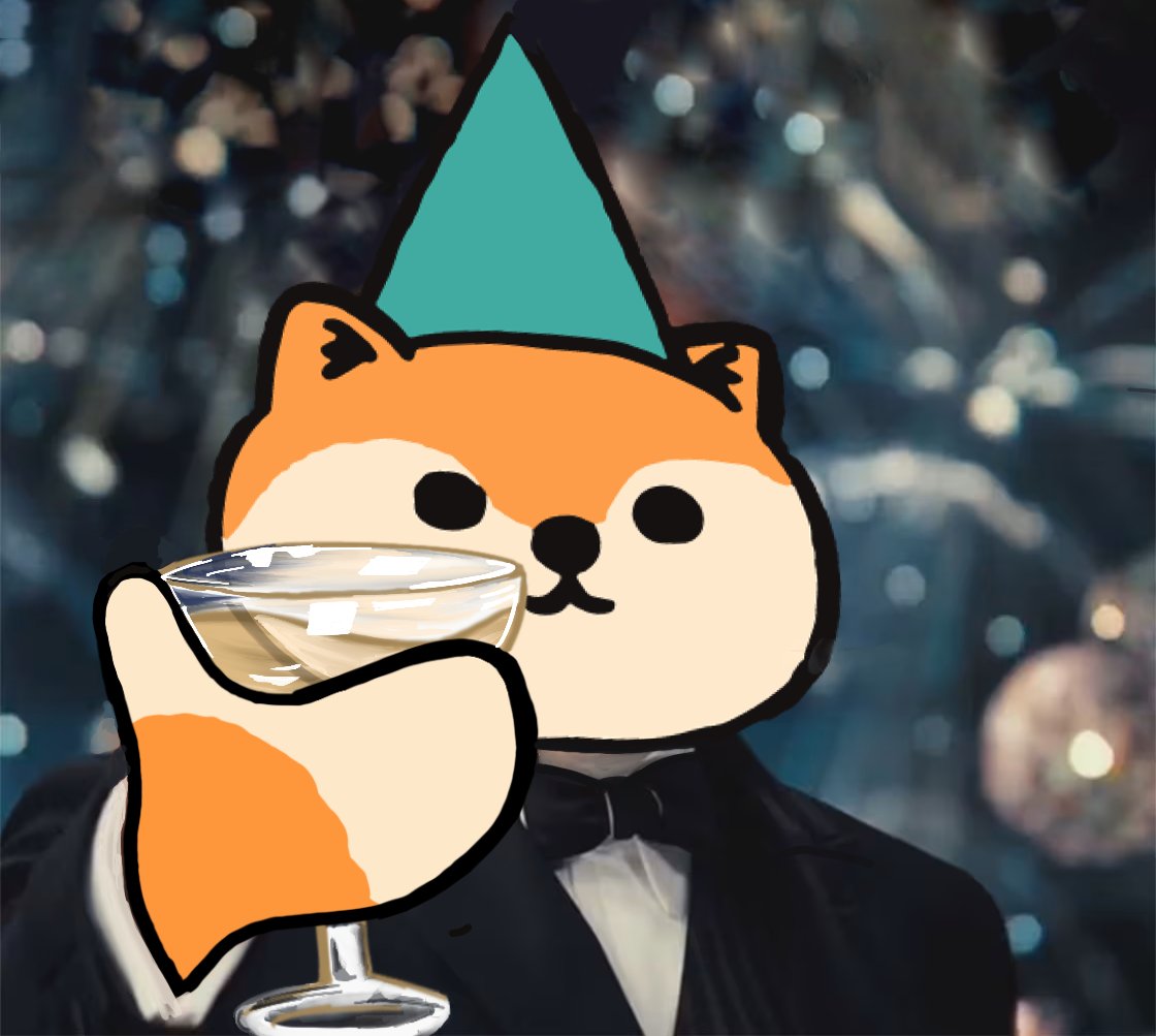 Celebratory meme dog toasting with champagne
