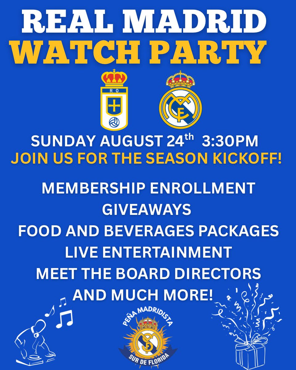 📢 Join us Sunday, Aug 24 for our Watch Party celebrating the season kickoff! ⚽🎉

Arrive early ⏰ for surprises, prizes &amp; lots of fun.

Don’t miss it! #HalaMadrid 🤍

#MadridistasMiami #RMSurDeFlorida #RMFans #MadridismoUSA #LaLiga #WatchParty #RealMadrid #SeasonKickoff