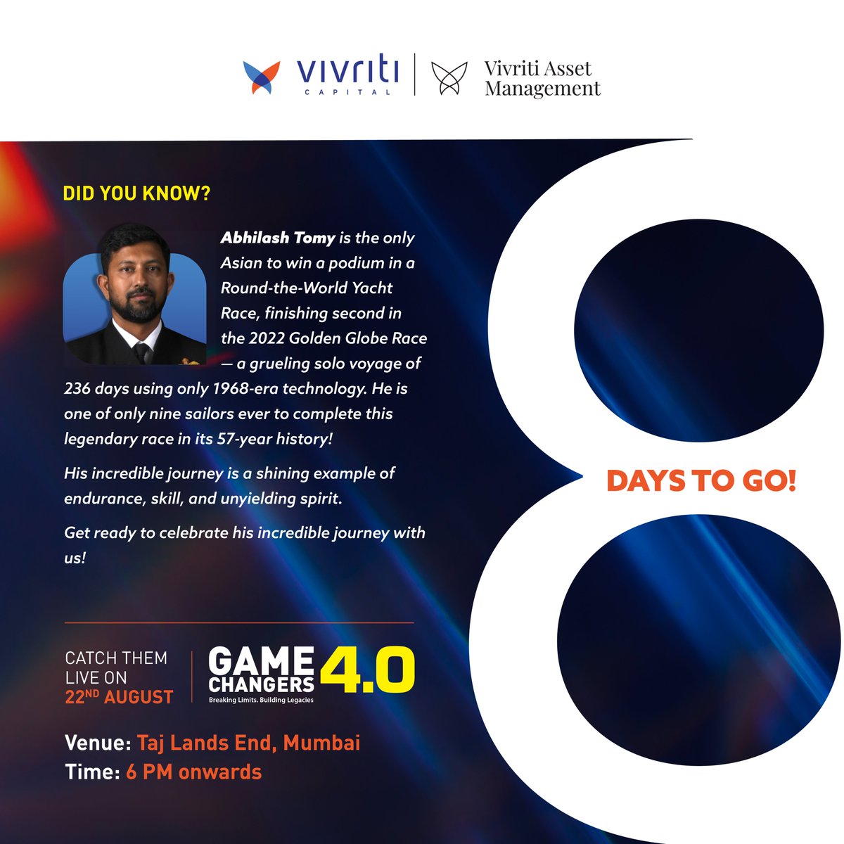 8 days to go for the much-awaited GameChangers 4.0 - a celebration of innovation, resilience, and transformational leadership.  

Meet <a href="/abhilashtomy/">Cdr Abhilash Tomy KC, NM</a> - Hear his inspiring story of unwavering determination and triumph live at our event!

#GameChangers2025 #GameChangerSummit #GC4