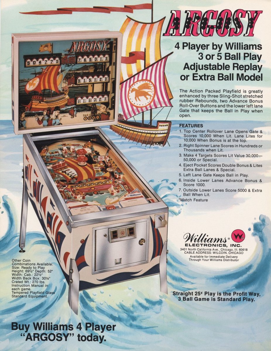Today's #PFOTD #507 is Argosy released by Williams in 1977. This pinball machine has a nautical theme. 2,052 units were produced. #Pinball #Arcade
