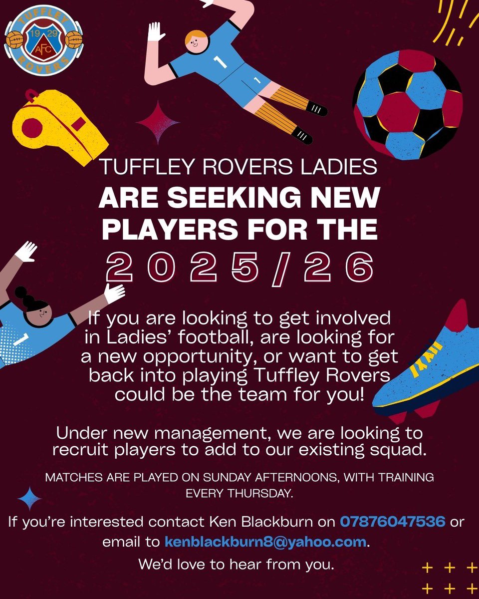We are still on the lookout for new players.  Please get in touch if you want to play for Tuffley Rovers Ladies in 2025/26!

DM <a href="/KenBlackburn11/">Ken Blackburn</a> or make contact via the details in the graphic.

#uptherovers