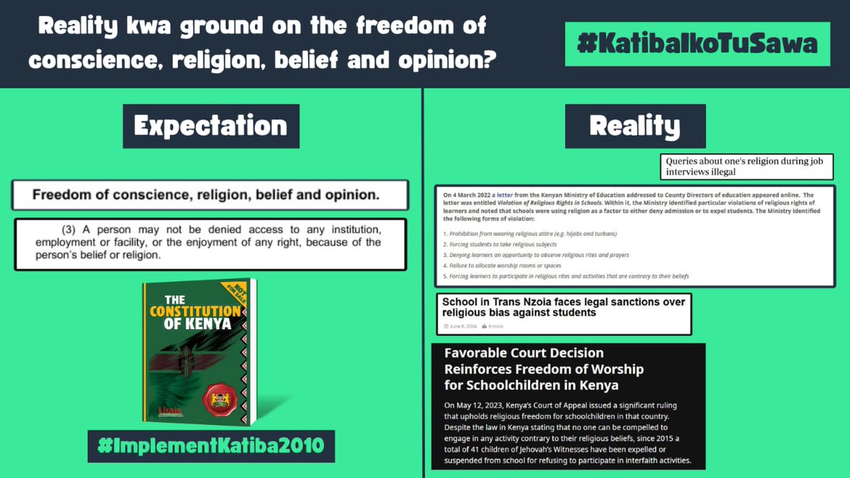 Right to religion, belief and opnion
Every Kenyan deserves the right to life #KatibaIkoTuSawa Yet enforced disappearances and protest-related killings put this fundamental right at risk. We demand transparent investigations and accountability to protect life  #ImplementKatiba2010