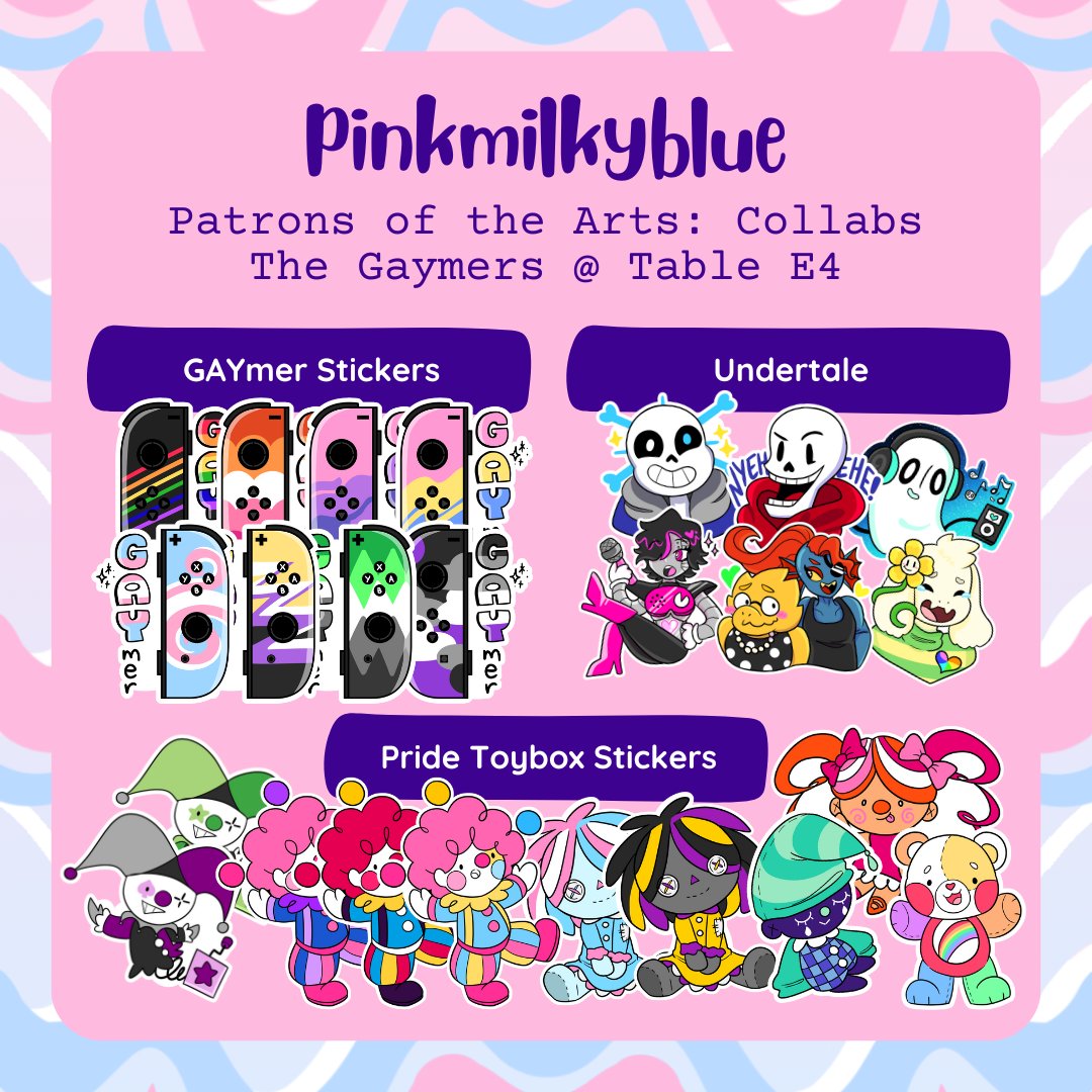 pinkmilkyblue's tweet photo. Aside from the Deltarune collab, I have my usual catalogue with other fandom stickers (like Ace Attorney, Undertale, SKZ and more!)

I'll be tabling with the wonderful @juiceboxjulia and @chamdraws as always, so drop by The Gaymers at Table E4! 💕💕
#PatronOfTheArts
#PotACollabs https://t.co/N3nx2wkaJf