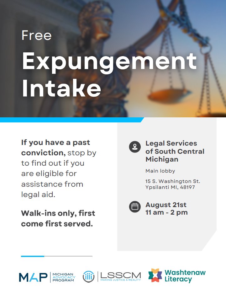 If you have a past conviction, we may be able to help you get it expunged! In partnership with Washtenaw Literacy, we're offering free expungement intakes at our Ypsilanti office. Stop by next Thursday, August 21st from 11am-2pm to find out if you are eligible for assistance.