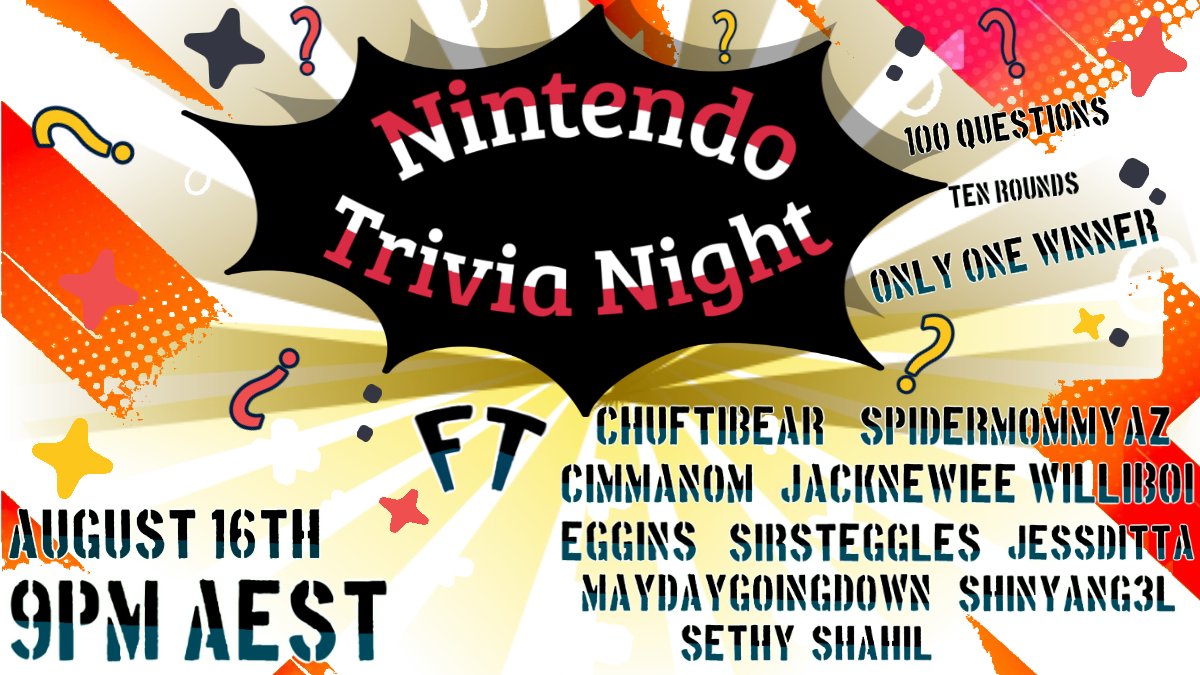 Good evening my lovely Spiderlings! Tomorrow night our friends are duking it out to see who the ultimate Nintendo nerd is!

Only 1 shall reign supreme!

Hosted by Azlex Trebek (me!) and put together by the incredible <a href="/CirrusCloud5/">Prommetra</a> 🖤

See you all tomorrow night at 9pm AEST!