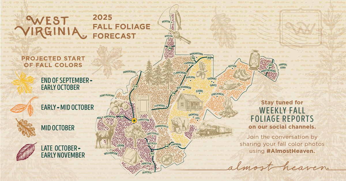 🍁🍂 In West Virginia, we know all about fall, y’all.

📣 We’re so excited to share our 2025 Fall Foliage Forecast! Be sure to follow along with our live leaf updates at wvtourism.com/fall and join our NEW Instagram Broadcast Channel for exclusive updates and offers. 📲🎃☕️