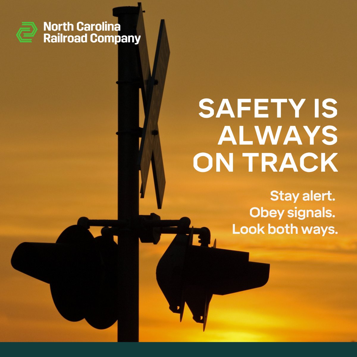 Safety is always on track. When approaching rail crossings, avoid distractions, never stop on the tracks, and always look and listen for trains. At NCRR, safety is part of our mission. Let’s keep NC moving safely. #RailSafety #FreightRail #Infrastructure #ForeverInMotion