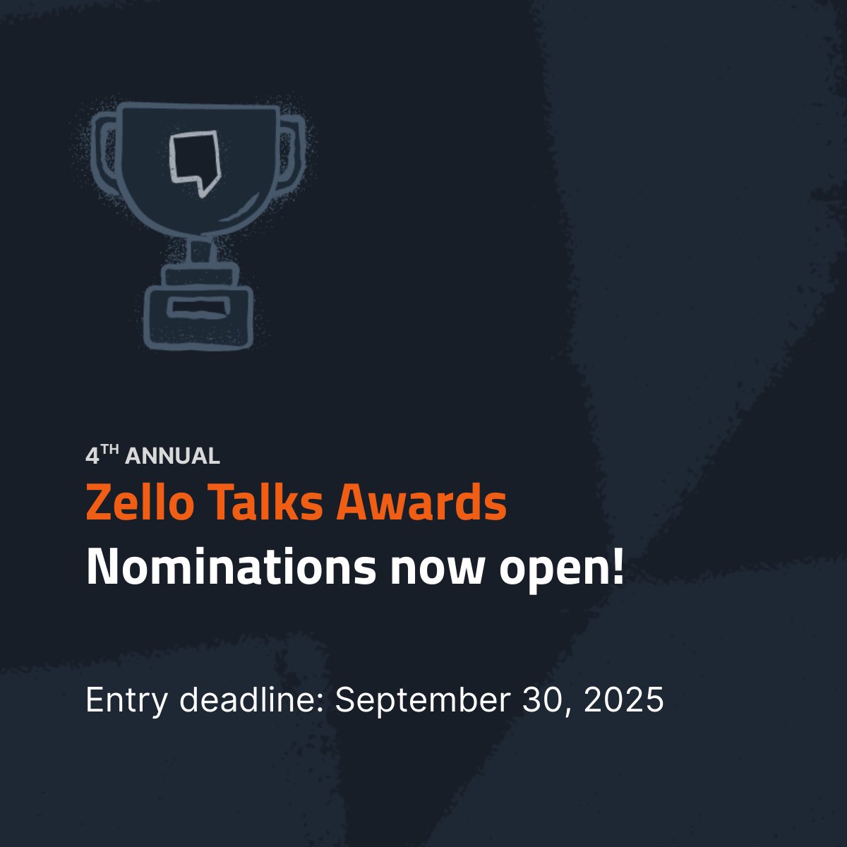 Zello (@zello) on Twitter photo Calling all Zello customers: The 2025 Zello Talks Awards are now open! 🏆
Enter for a chance to win a custom swag bag and official Zello trophy! We want to hear how your team is using Zello to streamline tasks or save lives.
Submit yours now: bit.ly/4mIunZp Calling all Zello customers: The 2025 Zello Talks Awards are now open! 🏆
Enter for a chance to win a custom swag bag and official Zello trophy! We want to hear how your team is using Zello to streamline tasks or save lives.
Submit yours now: bit.ly/4mIunZp