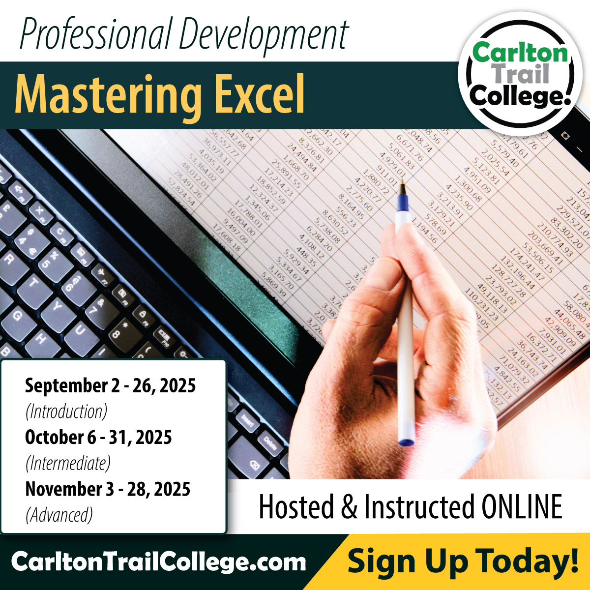 📶Give yourself a professional advantage by learning Excel - the world's most used spreadsheet tool from the beginning to advanced data analysis features. A must have skill that crosses all paths of business!

Level up this September:
carltontrailcollege.com/program-course…