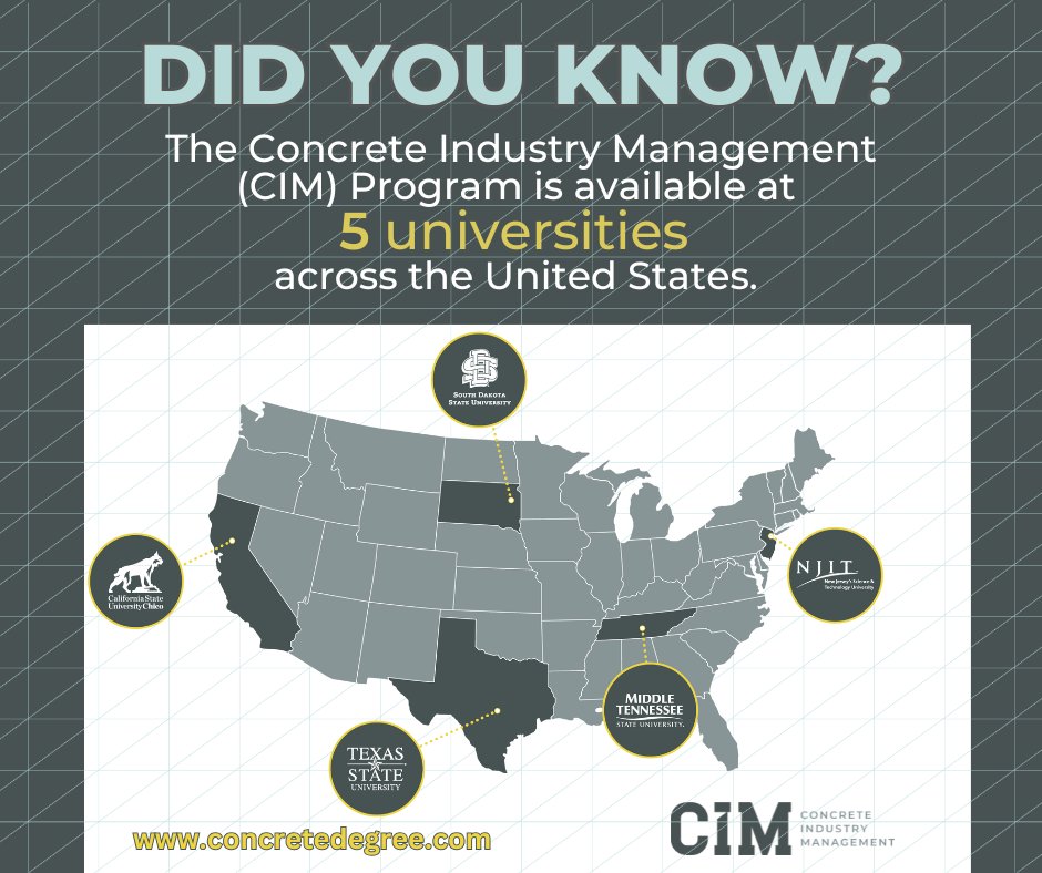 Build your future with the CIM program! Offered at 5 universities nationwide, CIM combines business, engineering and concrete-specific education to give you a rock-solid foundation for success.  Explore the CIM program today! ow.ly/VRk750VxFvE