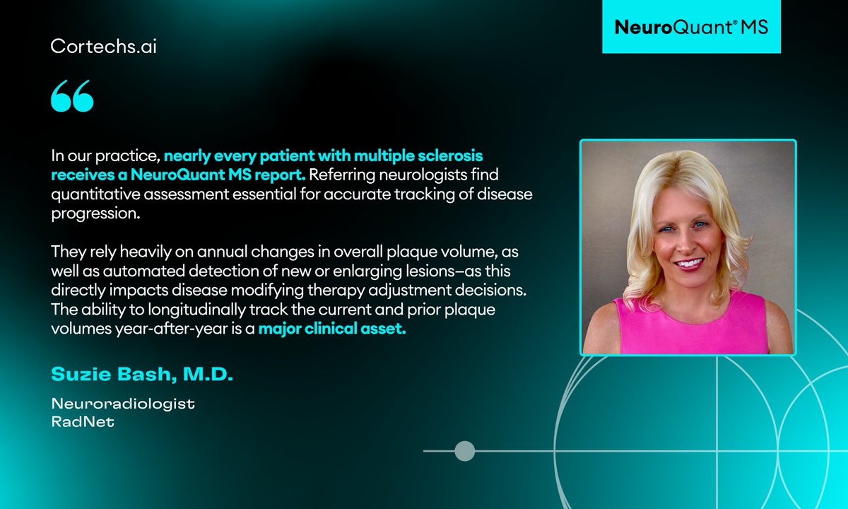 Cortechs.ai (@cortechs_ai) on Twitter photo 🧠 “The ability to longitudinally track current and prior plaque volumes year-after-year is a major clinical asset.”
— Suzie Bash, M.D., Neuroradiologist, RadNet
When it comes to managing multiple sclerosis, accuracy and consistency are everything. Comprehensive reports from 🧠 “The ability to longitudinally track current and prior plaque volumes year-after-year is a major clinical asset.”
— Suzie Bash, M.D., Neuroradiologist, RadNet
When it comes to managing multiple sclerosis, accuracy and consistency are everything. Comprehensive reports from