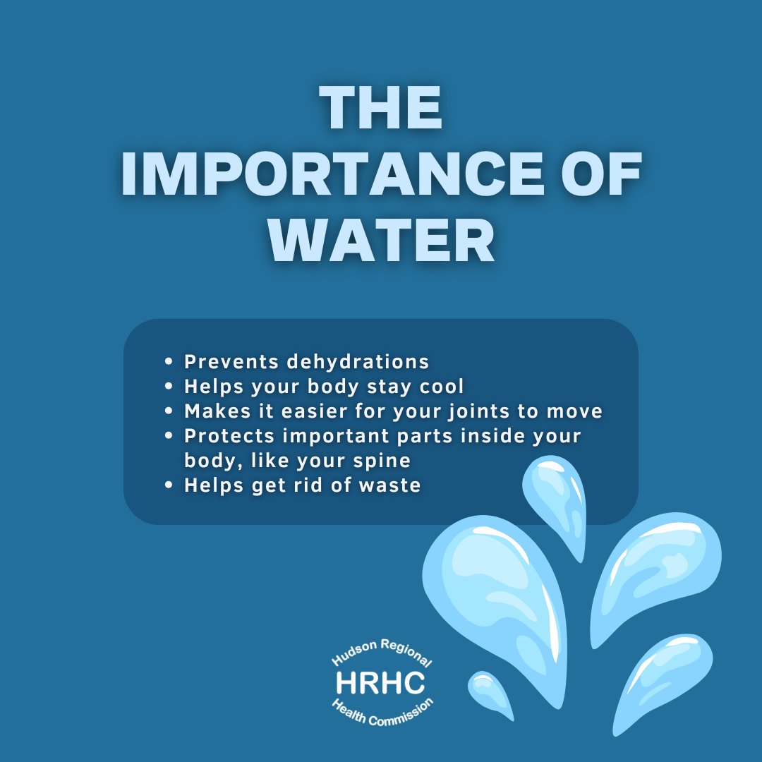 Hudson Regional Health Commission (@hudsonreghealth) on Twitter photo Hot weather can take a lot out of you—literally. Keep cool, stay refreshed, and give your body what it needs with plenty of water throughout the day. Hot weather can take a lot out of you—literally. Keep cool, stay refreshed, and give your body what it needs with plenty of water throughout the day.