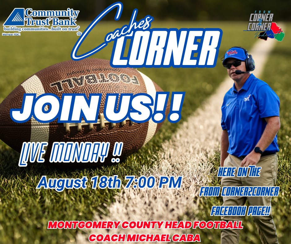 2025-2026 Season is upon us. Next week we tackle those burning questions about Montgomery County Football when we welcome in we will welcome in Montgomery County Football Coach Michael Caba. Monday August 18th at Special Start time 7:00pm. We will be live on Facebook, X and You