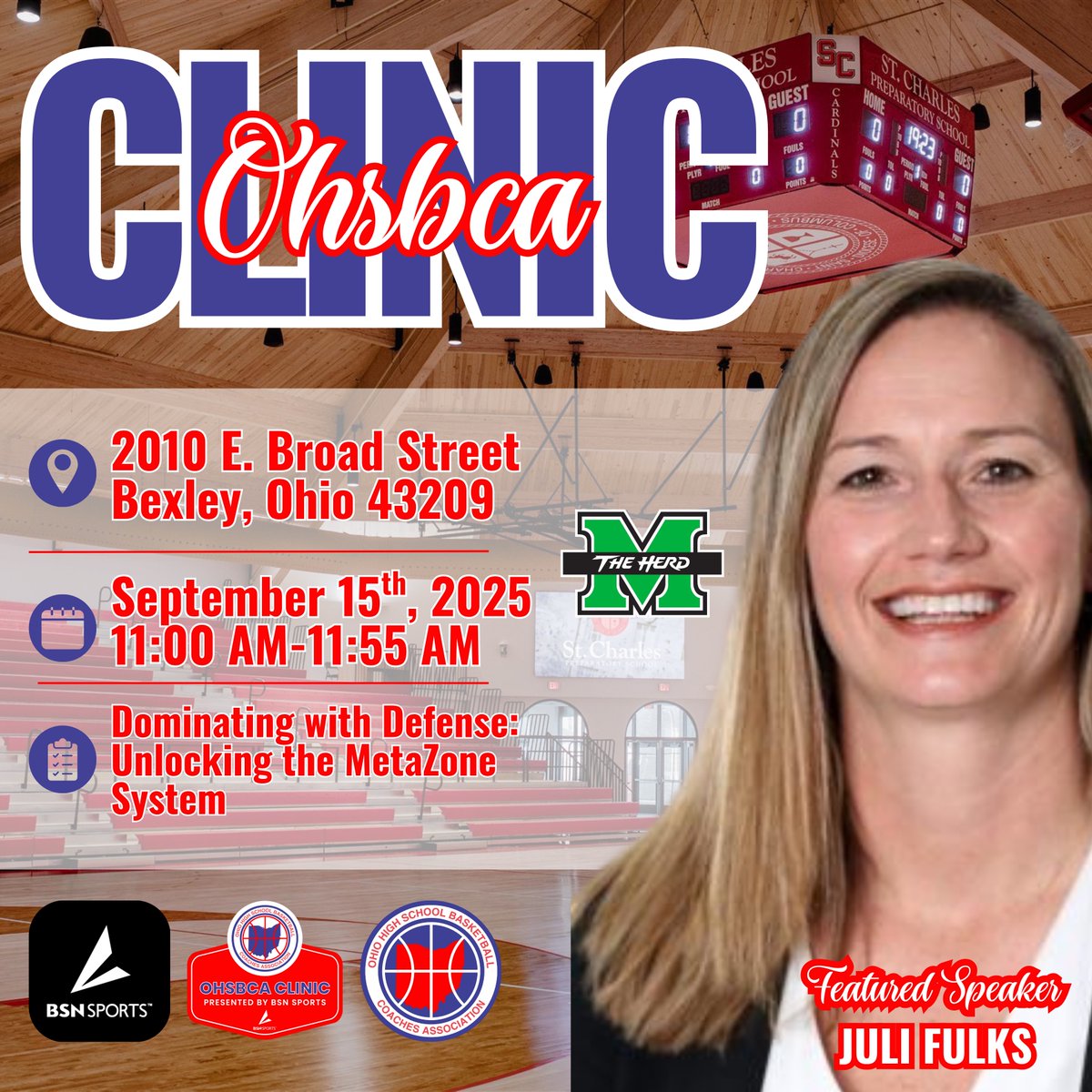🚨 CLINIC REGISTRATION IS LIVE 🚨

Join us for the 2025 OHSBCA Clinic presented by <a href="/BSNSPORTS/">BSN SPORTS</a>. 

🎙️ Featured Speaker:
Juli Fulks, Marshall Head Women’s 🏀 Coach.

💻 Register Today:
🔗 oh.nhsbca.org/coaches-clinic…

<a href="/NHSBCA/">NHSBCA</a> <a href="/OHADNewsHS/">OH AD News - HS</a> <a href="/ohioiaaa/">OIAAA</a> <a href="/OHSAASports/">OHSAA Sports</a> <a href="/Juli_Fulks/">Juli Fulks</a> <a href="/HerdWBB/">Marshall Women's Basketball</a>
