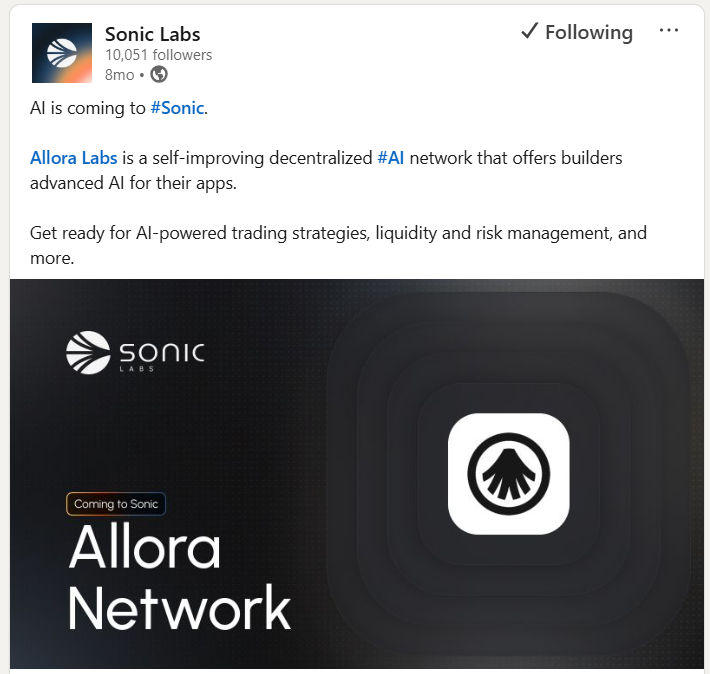Immortal | Crypto Alpha (@bitimmortal) on Twitter photo AI is coming to <a href="/SonicLabs/">Sonic Labs</a> 👀
➥ <a href="/SonicLabs/">Sonic Labs</a> grants $50K to <a href="/AlloraNetwork/">Allora</a> to bring AI collective intelligence to its ecosystem.
Why it matters:
• Sonic brings the speed
• Allora brings the intelligence
What this unlocks 👇
► Smarter yields: Design yield strategies using AI is coming to <a href="/SonicLabs/">Sonic Labs</a> 👀
➥ <a href="/SonicLabs/">Sonic Labs</a> grants $50K to <a href="/AlloraNetwork/">Allora</a> to bring AI collective intelligence to its ecosystem.
Why it matters:
• Sonic brings the speed
• Allora brings the intelligence
What this unlocks 👇
► Smarter yields: Design yield strategies using