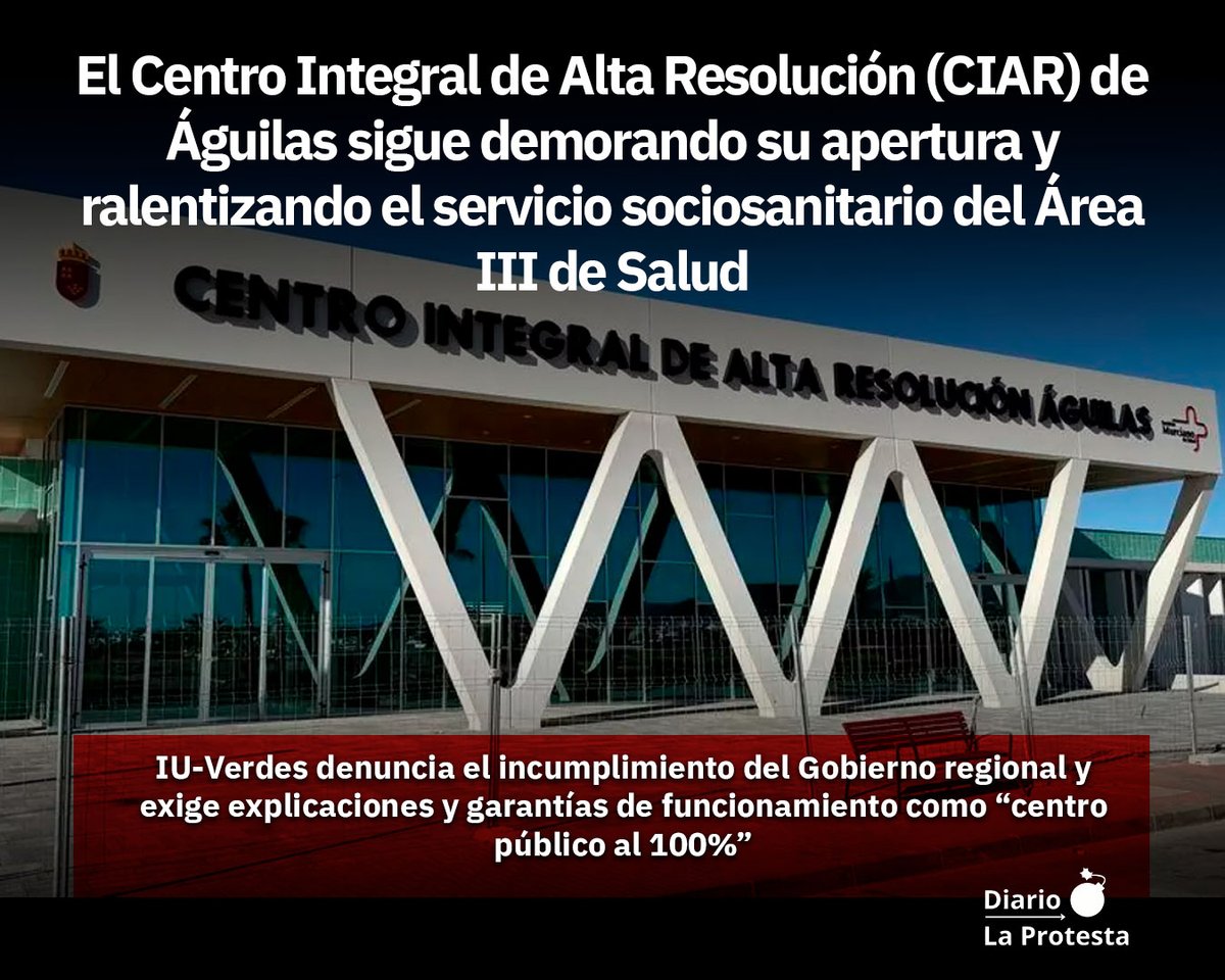 🏥 El CIAR de Águilas sigue demorando su apertura y ralentizando el servicio sociosanitario del Área III de Salud

<a href="/IUVRM/">IUVRM🔻🇵🇸</a> denuncia el incumplimiento del Gobierno regional y exige explicaciones y garantías de funcionamiento como “centro público al 100%” 

📰laprotesta.es/2025/08/15/el-…