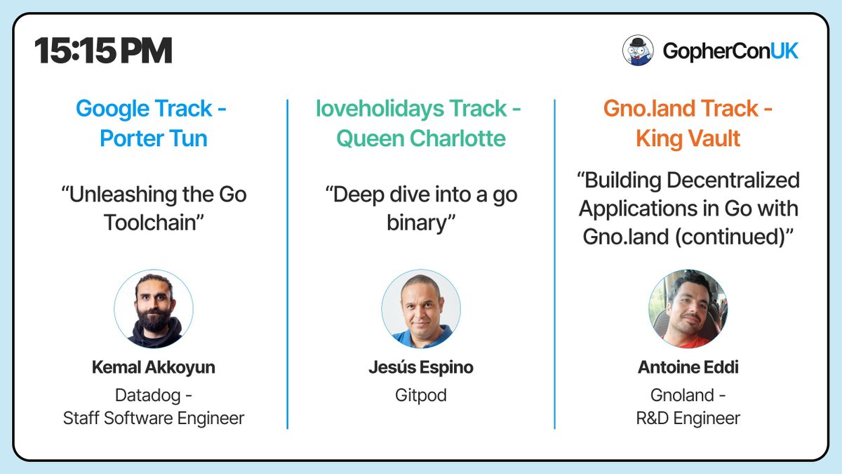 GopherCon UK (@gopherconuk) on Twitter photo 👉 Look at the next sessions at #gopherconuk25!
Two fantastic talks from Kemal Akkoyun and Jesús Espino, while Antoine Eddi continues his hands-on tutorial.
Which one are you going to be at?
<a href="/jespinog/">Jesús Espino</a> <a href="/aeddi42/">Antoine Eddi</a> 👉 Look at the next sessions at #gopherconuk25!
Two fantastic talks from Kemal Akkoyun and Jesús Espino, while Antoine Eddi continues his hands-on tutorial.
Which one are you going to be at?
<a href="/jespinog/">Jesús Espino</a> <a href="/aeddi42/">Antoine Eddi</a>