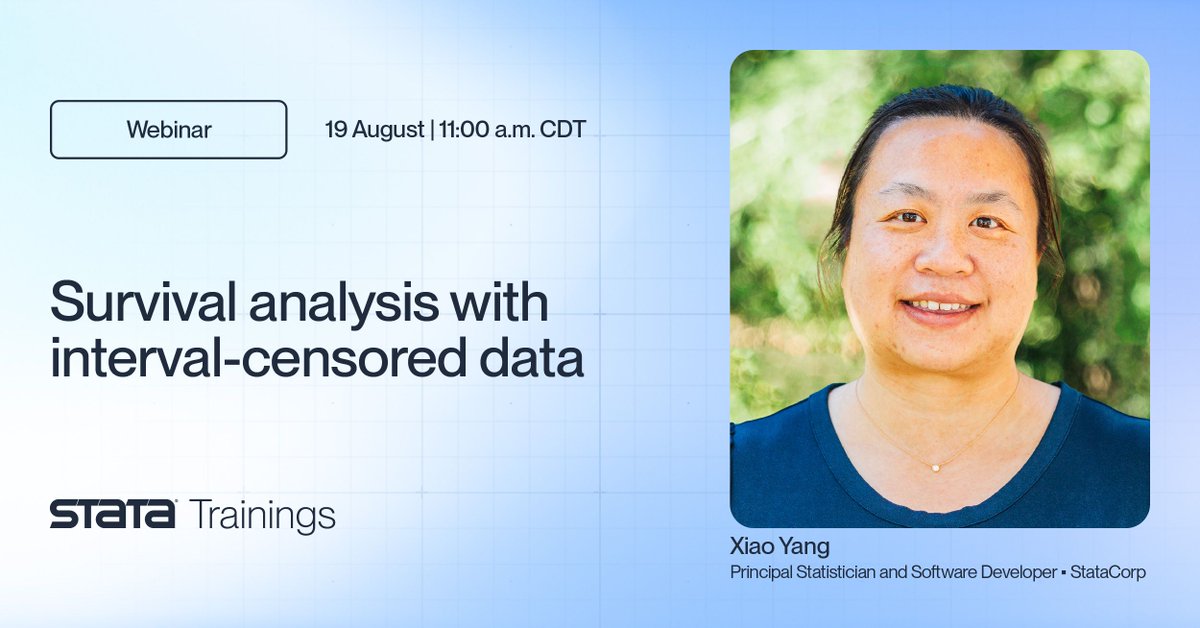 Stata's tweet photo. New webinar: Survival analysis with interval-censored data
Learn how to model event-time data when the exact event times are unknown using 𝘀𝘁𝗶𝗻𝘁𝗰𝗼𝘅 and 𝘀𝘁𝗺𝗴𝗶𝗻𝘁𝗰𝗼𝘅 in Stata 19.
Register: https://t.co/eiRZFy8bRz
#Stata #StataTraining #StataCommunity https://t.co/NKIDLp5Zn1