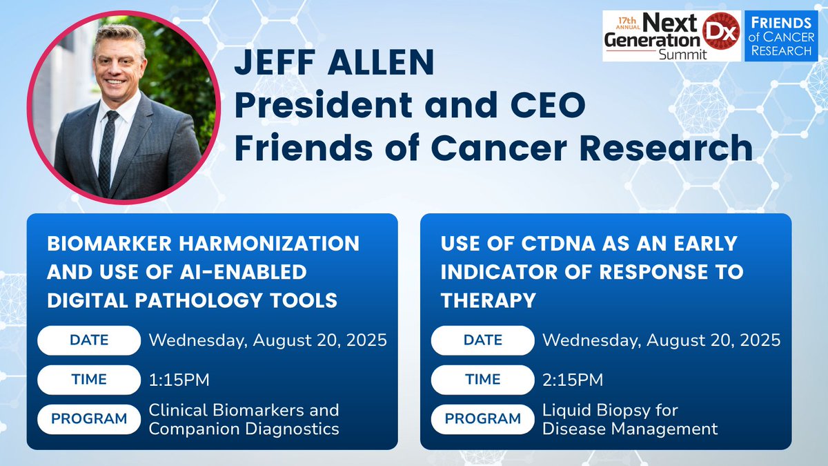 Friends of Cancer Research (@cancerresrch) on Twitter photo Jeff Allen will be presenting at <a href="/CHI_Healthtech/">Cambridge Healthtech Institute</a> #NGDx on 8/20. “Biomarker Harmonization and Use of AI-Enabled Digital Pathology Tools” and “ctDNA as Early Response Indicator” will explore the future of precision medicine in cancer research and treatment. nextgenerationdx.com Jeff Allen will be presenting at <a href="/CHI_Healthtech/">Cambridge Healthtech Institute</a> #NGDx on 8/20. “Biomarker Harmonization and Use of AI-Enabled Digital Pathology Tools” and “ctDNA as Early Response Indicator” will explore the future of precision medicine in cancer research and treatment. nextgenerationdx.com