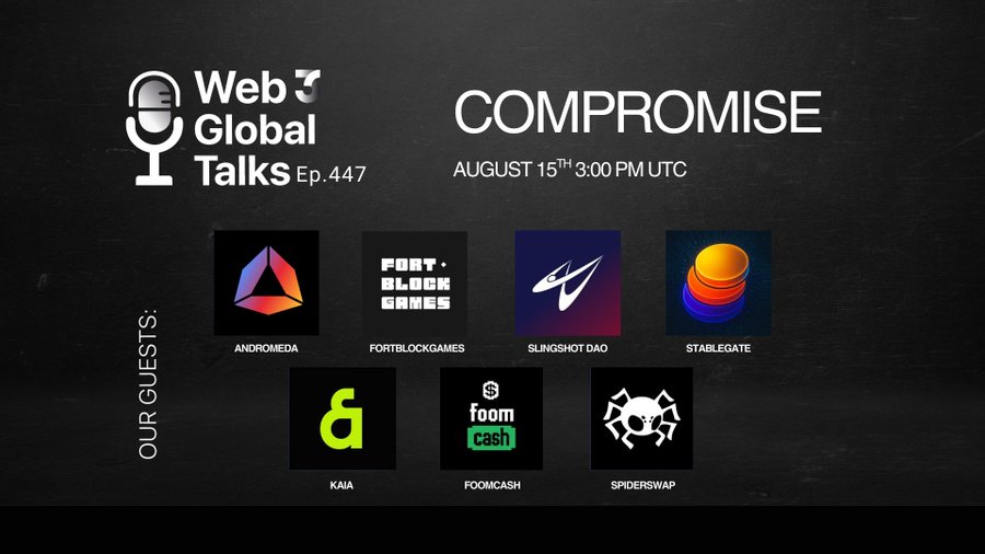 Jaspergputh (@jaspergputh_) on Twitter photo End your week right with Friday's Web3 Global Talks!
๐๏ธ Guests bringing alpha:
<a href="/AndromedaProt/">Andromeda</a> | <a href="/FortBlockGames/">FortBlockGames</a> | <a href="/SlingshotDAO/">Slingshot DAO</a> | <a href="/stablegatecom/">Stablegate</a> | <a href="/KaiaChain/">Kaia</a> | <a href="/FOOMCASH/">FOOM CASH</a> | <a href="/spdrswap/">Spiderswap</a>
๐๏ธ This Friday โ Donโt miss it!
3PM UTC
#giants #JAIDEE
Set a reminder for this upcoming End your week right with Friday's Web3 Global Talks!
๐๏ธ Guests bringing alpha:
<a href="/AndromedaProt/">Andromeda</a> | <a href="/FortBlockGames/">FortBlockGames</a> | <a href="/SlingshotDAO/">Slingshot DAO</a> | <a href="/stablegatecom/">Stablegate</a> | <a href="/KaiaChain/">Kaia</a> | <a href="/FOOMCASH/">FOOM CASH</a> | <a href="/spdrswap/">Spiderswap</a>
๐๏ธ This Friday โ Donโt miss it!
3PM UTC
#giants #JAIDEE
Set a reminder for this upcoming