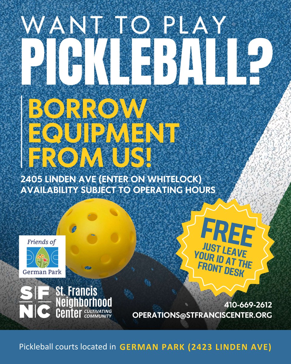 Are you a seasoned pickleball player, or simply curious about giving it a try? We are proud to offer FREE pickleball equipment available for borrowing!

Stop into the Center or contact us by phone (410-669-2612) or email (operations@stfranciscenter.org) to arrange a reservation.