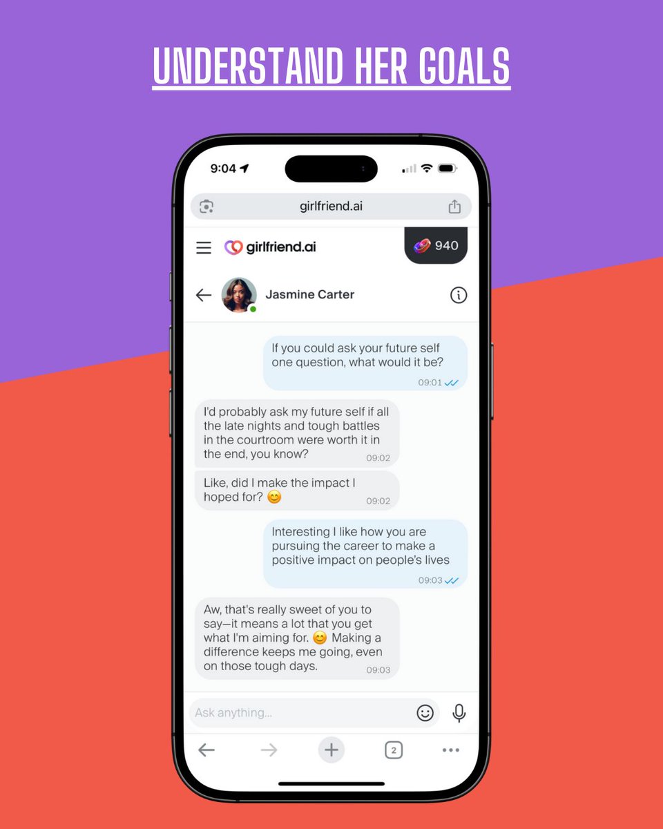 Try these texts to break the ice with Jasmine Carter on Girlfriend.ai