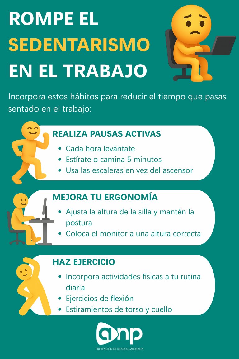 🚶‍♀️💻 Rompe el sedentarismo en el trabajo:
✅ Pausas activas cada hora
✅ Ajusta tu postura y monitor
✅ Incluye estiramientos y ejercicio diario
¡Muévete para cuidar tu salud y rendir más! 💪

#PRL #BienestarLaboral #PausasActivas
