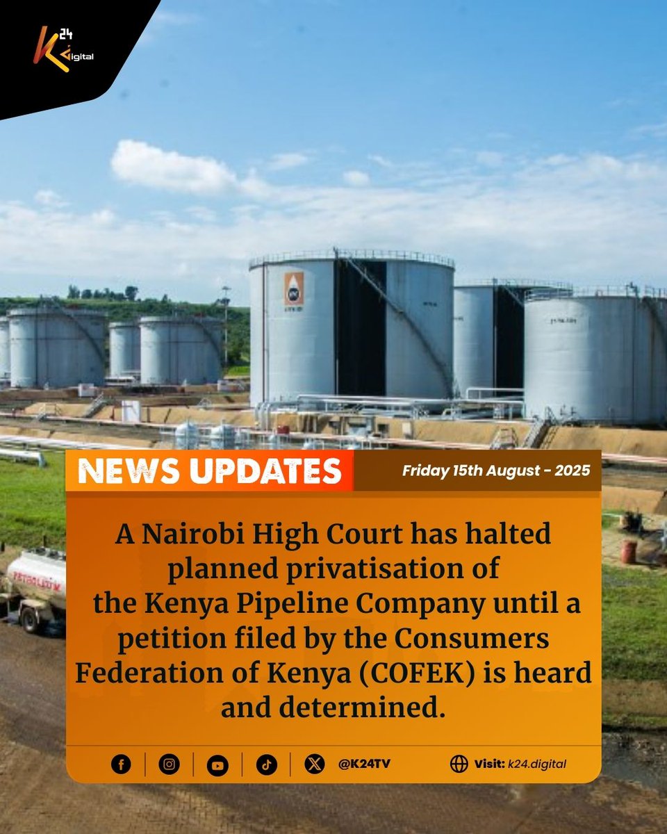 K24 TV (@k24tv) on Twitter photo Court halts planned privatisation of Kenya Pipeline
Read the full story here: tinyurl.com/y6h6rh64 Court halts planned privatisation of Kenya Pipeline
Read the full story here: tinyurl.com/y6h6rh64