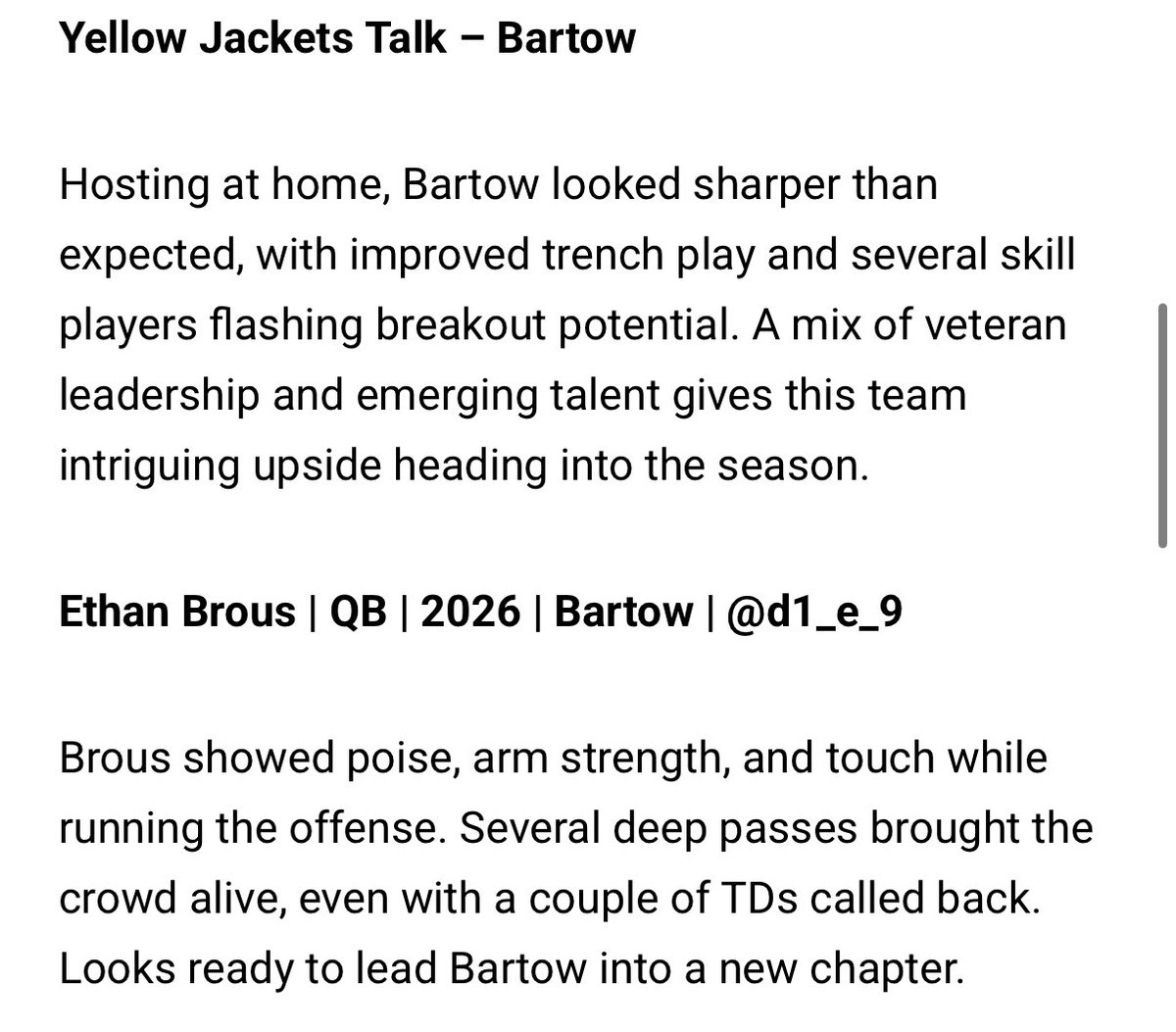 Ethan “E9” Brous (@d1_e_9) on Twitter photo Thank you for the write up <a href="/TheRundown102/">The Rundown</a> <a href="/RealNews102/">Drew Johnson</a> ! #Wellearnit
-
-
-
<a href="/polk_way/">PolkWay</a> <a href="/H2_Recruiting/">Hasani (H2) | Football Recruiting</a> <a href="/GradyMorrell/">Grady Morrell "Coach G"</a> <a href="/tgt_training/">Railond Garrett</a> <a href="/BartowFootball/">Bartow Football</a> Thank you for the write up <a href="/TheRundown102/">The Rundown</a> <a href="/RealNews102/">Drew Johnson</a> ! #Wellearnit
-
-
-
<a href="/polk_way/">PolkWay</a> <a href="/H2_Recruiting/">Hasani (H2) | Football Recruiting</a> <a href="/GradyMorrell/">Grady Morrell "Coach G"</a> <a href="/tgt_training/">Railond Garrett</a> <a href="/BartowFootball/">Bartow Football</a>