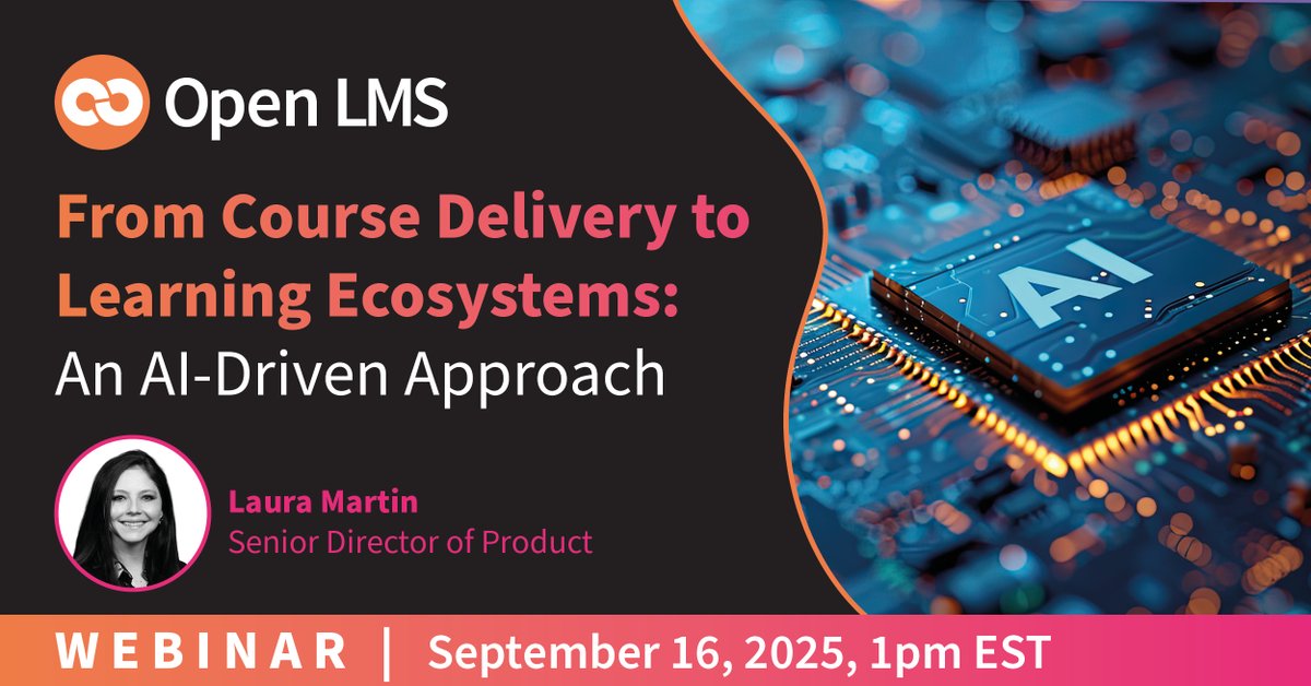 Open LMS (@open_lms) on Twitter photo Join us + <a href="/LearningGuild/">The Learning Guild #DevLearn #Learning2024</a> Sept 16, 1 PM EST!
Hear from Laura Martin, Sr. Director of Product at Open LMS, on "From Course Delivery to Learning Ecosystems: An AI-Driven Approach."
📅 Save your spot: loom.ly/2wTrypQ
#OpenLMS #LearningGuild #Webinar Join us + <a href="/LearningGuild/">The Learning Guild #DevLearn #Learning2024</a> Sept 16, 1 PM EST!
Hear from Laura Martin, Sr. Director of Product at Open LMS, on "From Course Delivery to Learning Ecosystems: An AI-Driven Approach."
📅 Save your spot: loom.ly/2wTrypQ
#OpenLMS #LearningGuild #Webinar